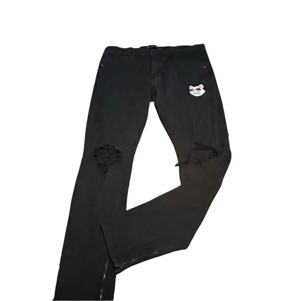 KDNK Jeans 1141411 Mens Distressed Skinny Zipper Ankle Embroidered Bear 38x31